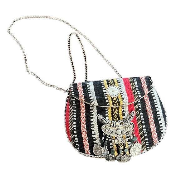 Handbags - Hard Shell Artsy Boho Purse with Chain Strap and Coin Details Cotton Exterior